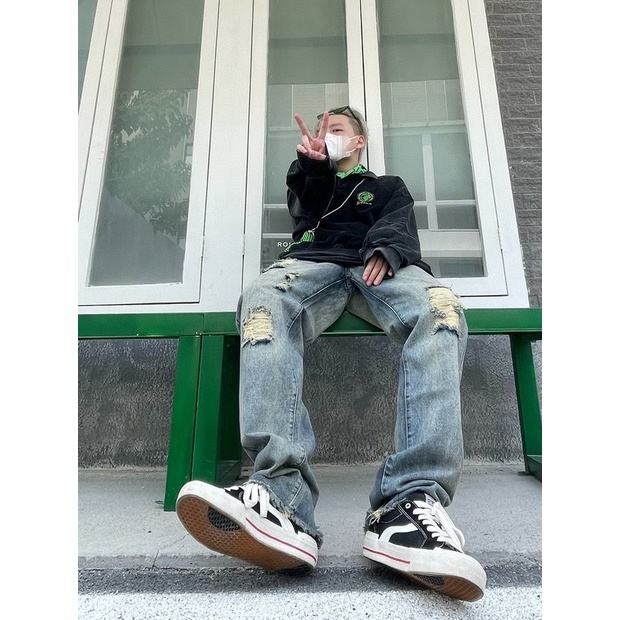 Quần Jeans Dài Phối Vết Rách Thời Trang Cá Tính Cho Nữ