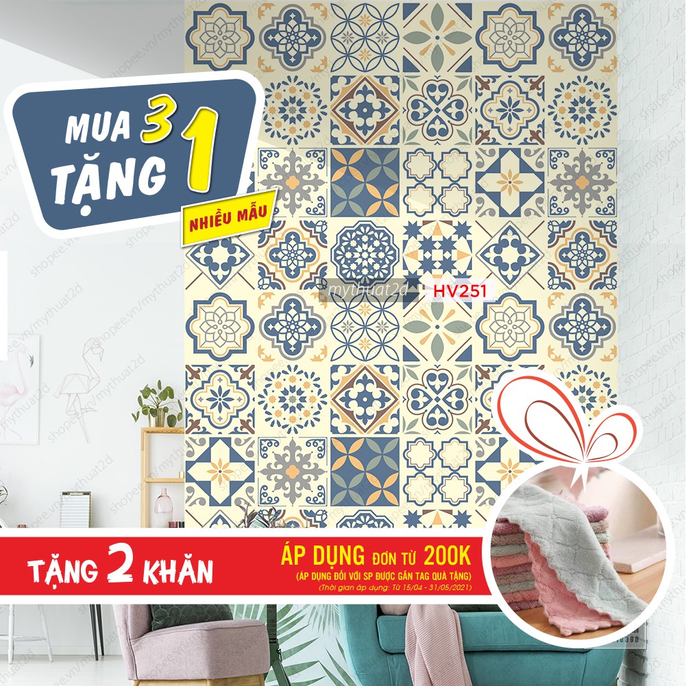 Decal gạch bông dán bếp dán tường, màu Vintage tiles, 120x60cm/set, Mua 3 Tặng 1