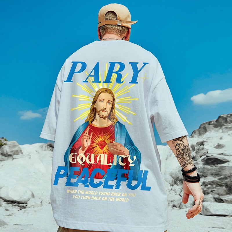 Áo thun tay ngắn cổ tròn in hình chúa Jesus phong cách hip hop đường phố thời trang mùa hè cho nam