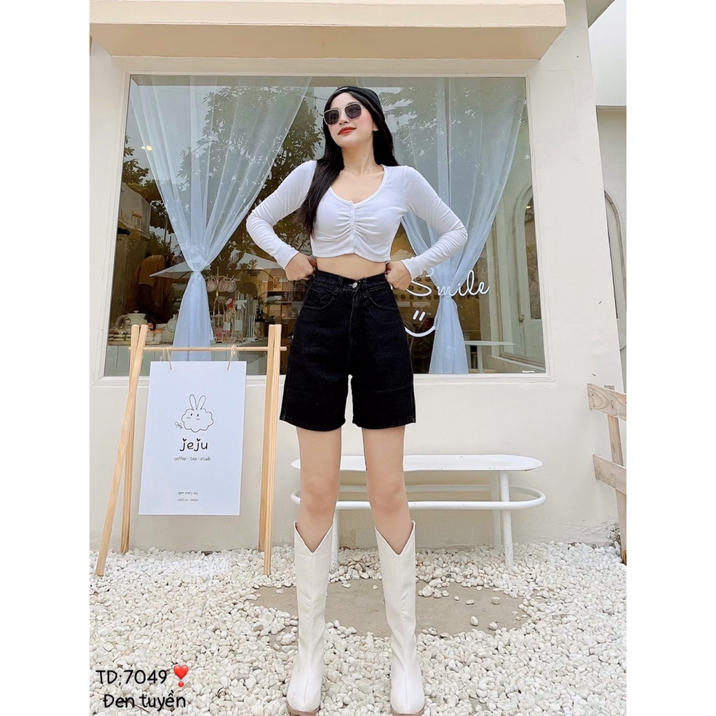 Quần short lửng ngố bò jean nữ lưng cao ống rộng chất trơn mềm