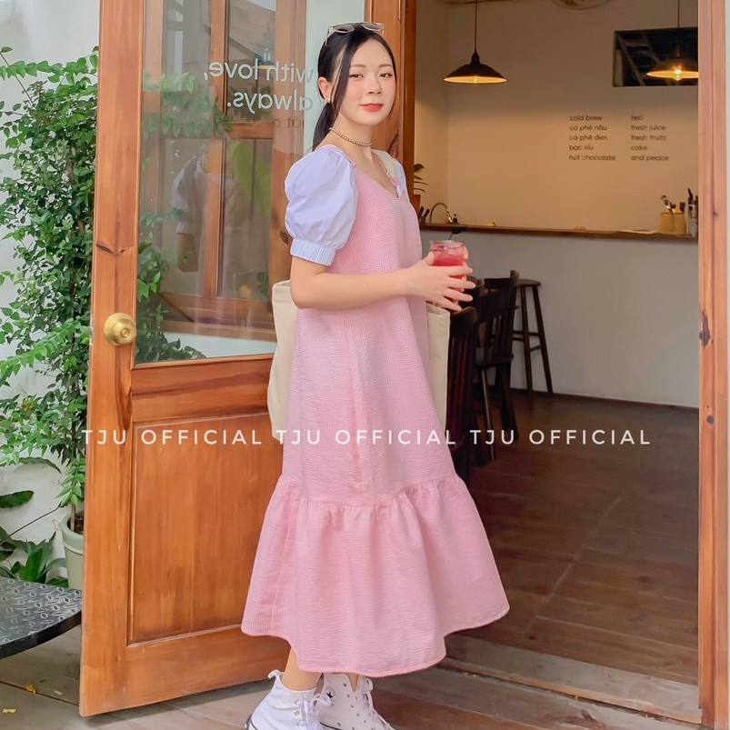Váy/Đầm 2 dây dáng dài cổ V đẹp, đầm babydoll caro bèo gấu, màu hồng freesize, ulzzang Hàn Quốc, thiết kế T-Ju(váy Baby)