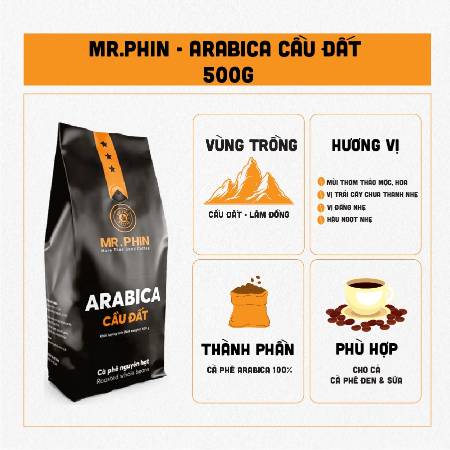 Arabica Cầu Đất 500g - Mr. Phin Coffee - Cà Phê Rang Xay Dành Cho Quán, Cà Phê Nguyên Chất