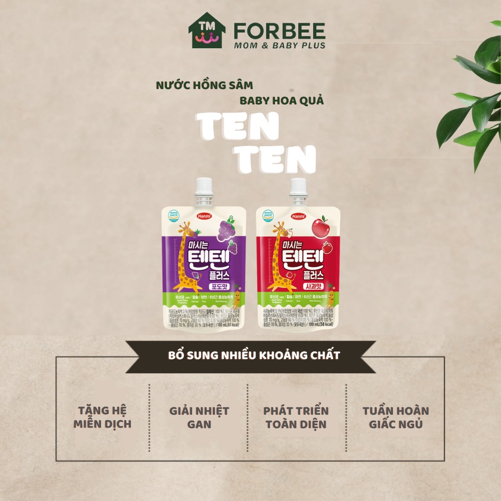 Nước Hồng Sâm Hoa Quả TENTEN - Bổ Sung Vitamin và Khoáng Chất Cho Bé (100ml/gói) - FORBEE