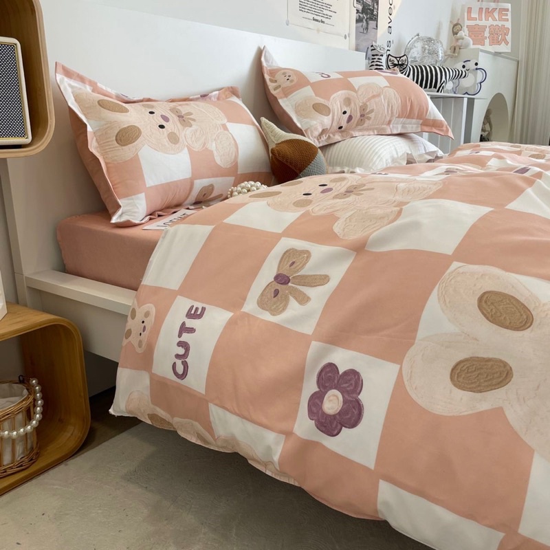 Bộ ga gối và vỏ chăn Cotton Poly nhập khẩu mẫu Thỏ Nâu Cute