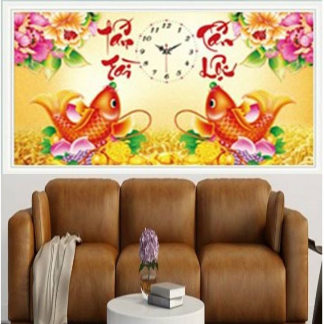 Tranh thêu đồng hồ tấn tài tấn lộc KT:76x43cm,tranh chưa thêu.tặng kéo và xỏ chỉ.