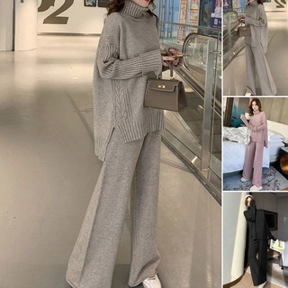 Set trang phục áo sweater dệt kim và quần dài ống rộng thời trang thu đông mới dành cho nữ