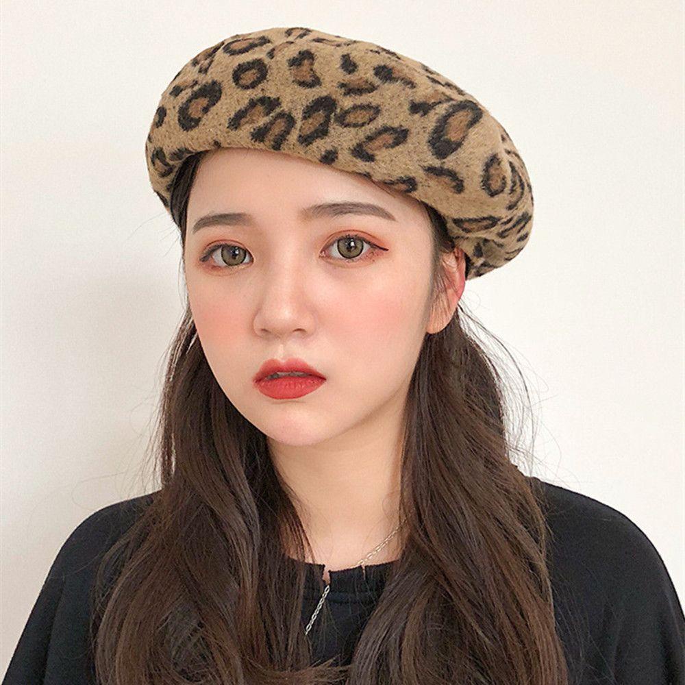 YEW Mũ Beret Họa Tiết Da Báo Phong Cách Retro Dành Cho Nữ