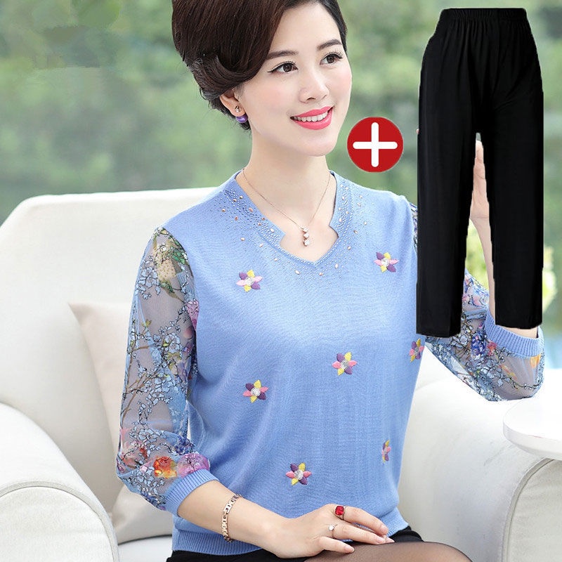 Mẹ mùa xuân áo len dệt kim 40-50 tuổi tay thun phụ nữ trung niên và cao hè hai mảnh hàng đầu
