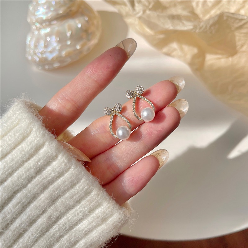 Khuyên Tai Nơ Đính Ngọc Trai Cao Cấp Sang Trọng Hợp Thời Trang