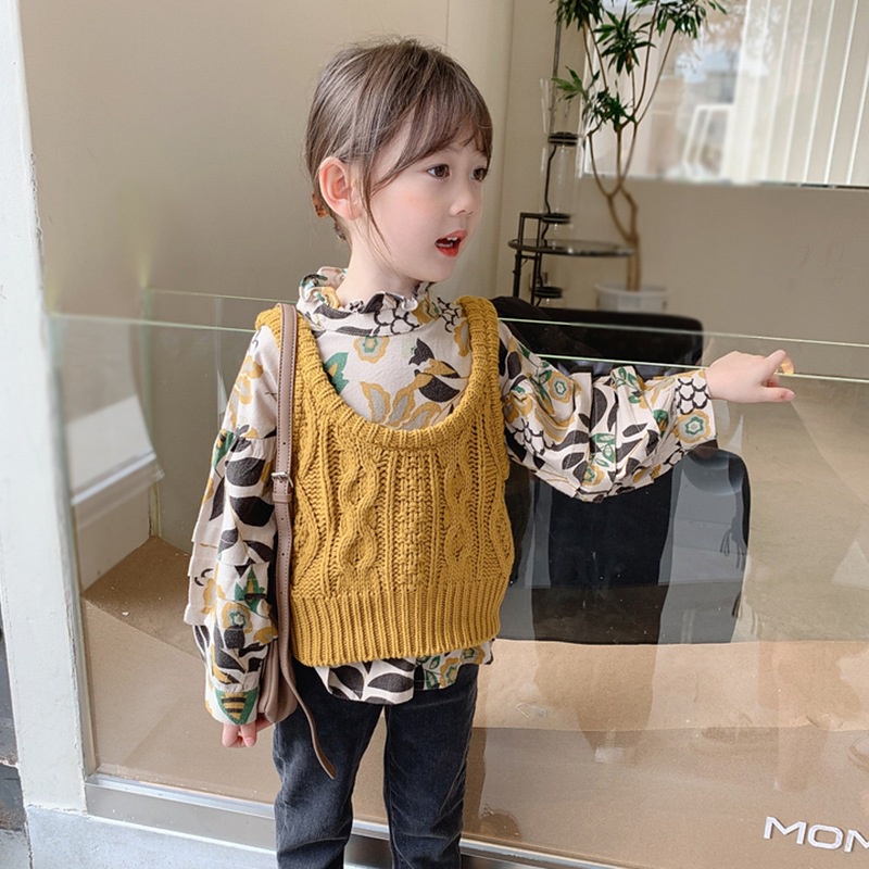 Áo sơ mi tay dài chất liệu polyester mềm mại in họa tiết hoa phong cách Hàn Quốc cổ điển thời trang cho bé gái 4-6 tuổi