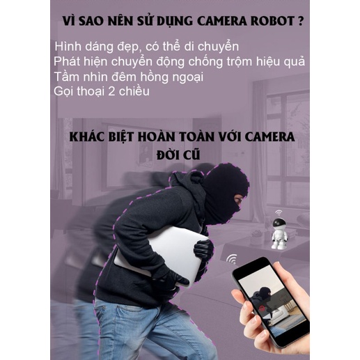 CAMERA ROBOT THÔNG MINH KHÔNG CẦN LẮP ĐẶT , ĐÀM THOẠI 2 CHIỀU , XOAY 360 ĐỘ , CẢNH BÁO CHUYỂN ĐỘNG , XEM ĐƯỢC BAN ĐÊM