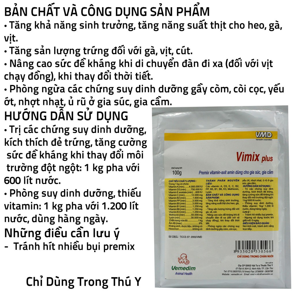 Vemedim Vimix plus Bổ sung vitamin, axit amin cho gia súc, gia cầm (gói 100g)