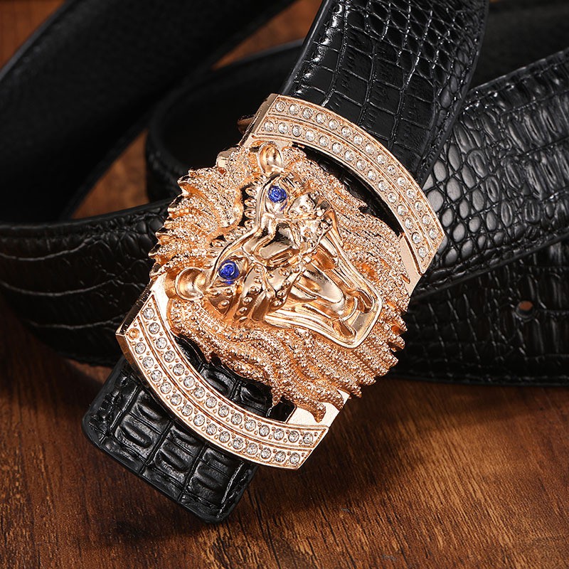 Thắt Lưng Đầu Sư Tử Hợp Kim Đính Đá Cao Cấp, Dây Da Bò Dập Vân Cá Sấu Siêu Ngầu