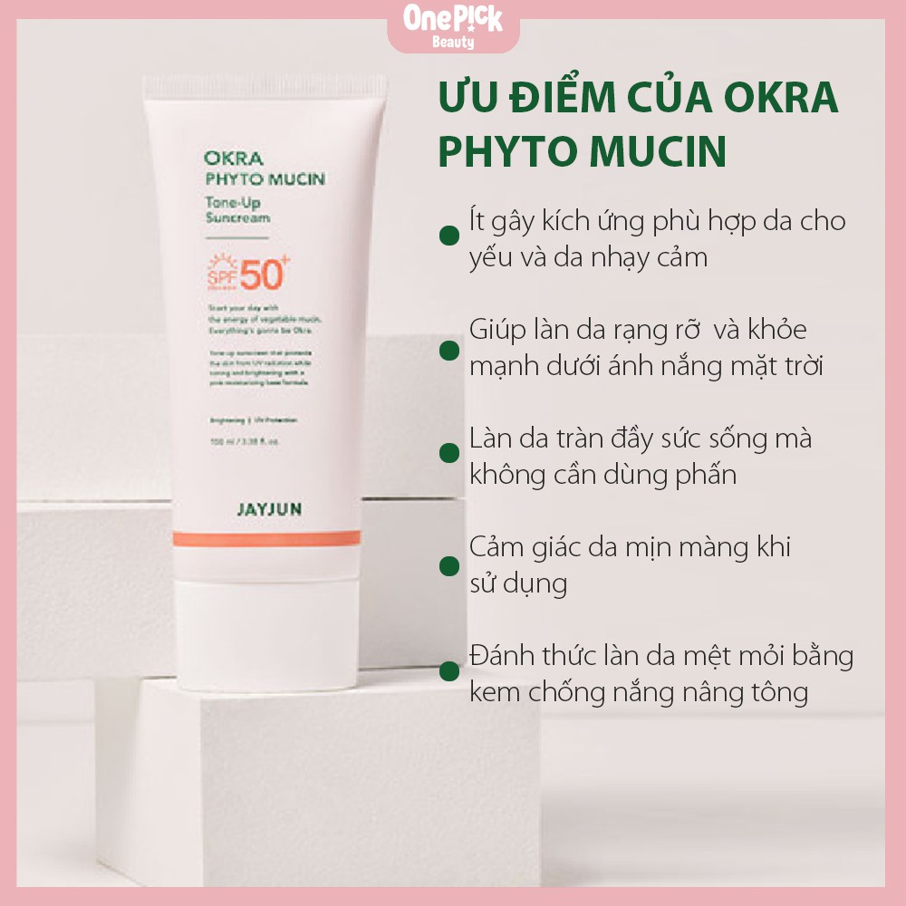 Kem chống nắng Jayjun Okra Phyto Tone-Up chống tia UV với SPF 50+, làm dịu, nâng tông và dưỡng ẩm không gây bết dính, bóng nhờn với thành phần hoàn toàn lành tính cho da nhạy cảm [JAYJUN OKRA PHYTO TONE-UP SUN CREAM 100ML]