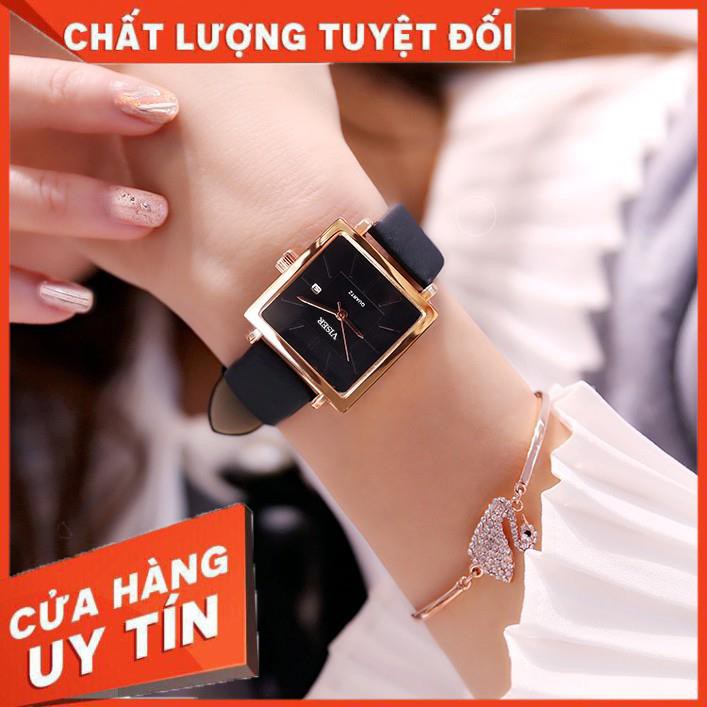 [SALE 50%] Đồng hồ thời trang nữ VISER dây da, có lịch ngày, mặt vuông tuyệt đẹp