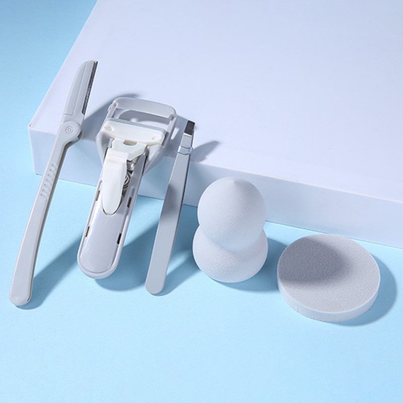 Set dụng cụ trang điểm 5in1 kẹp mi - dao cạo mày - nhíp - mút tán nền - bông phủ phấn Lameila