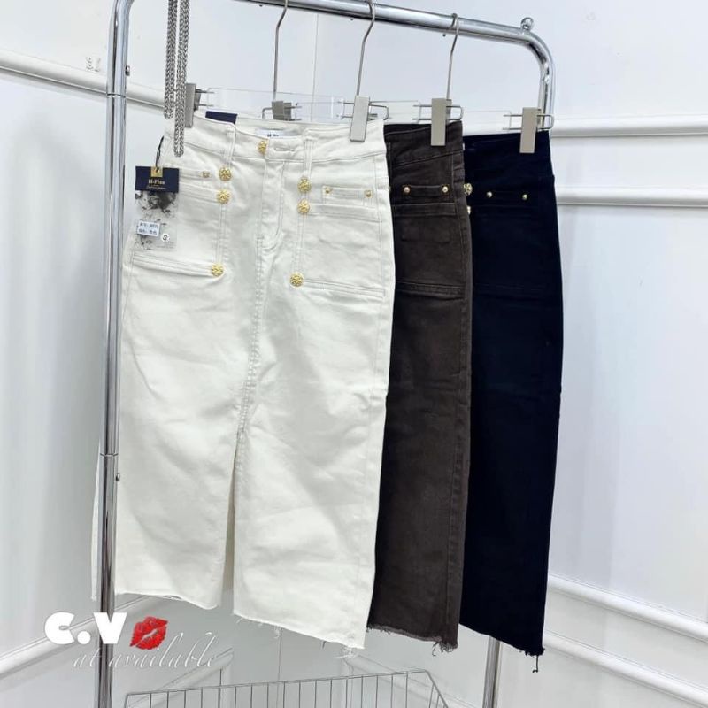 Chân váy jeans dài túi trước đính khuy hàng QCL1