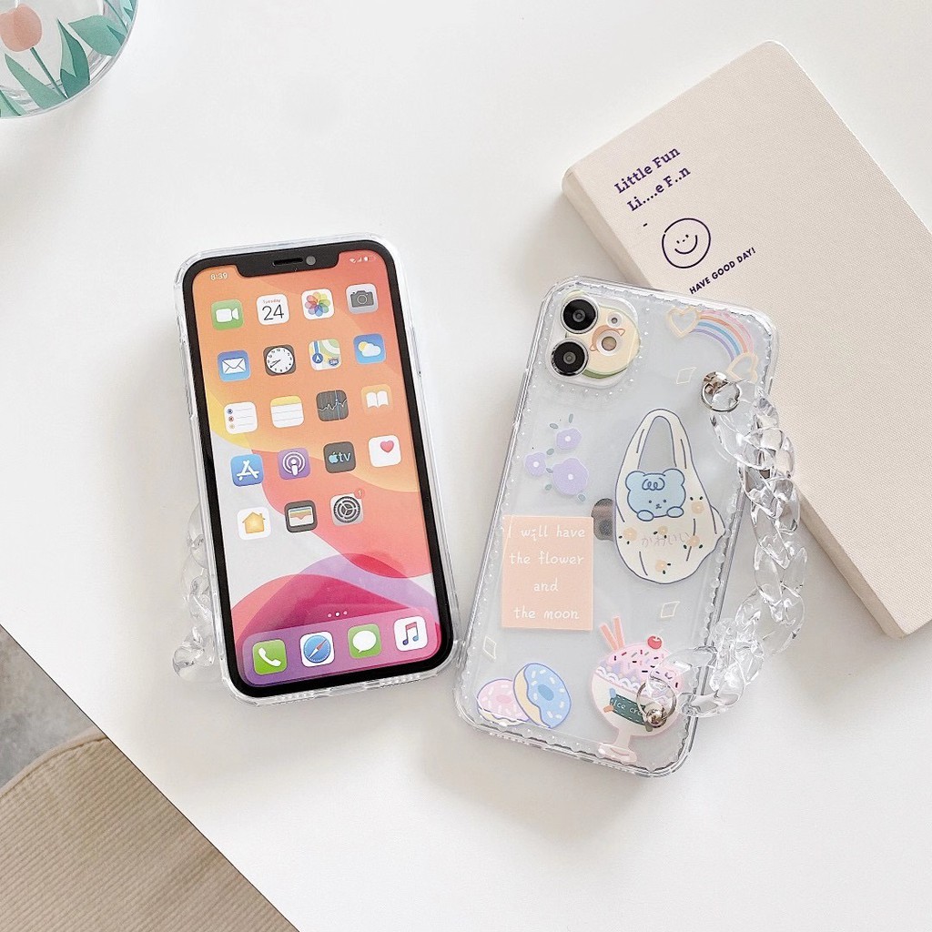 Ốp điện thoại TPU trong suốt in hình gấu dễ thương có dây đeo cho IPhone7 7 plus8 8plus xr x/xs xs max 11 11 pro max 12 pro max