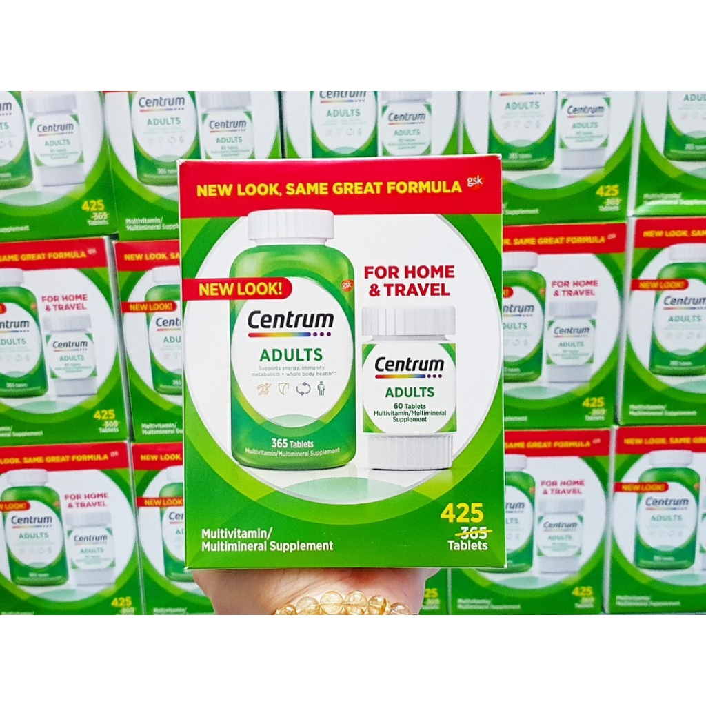 Vitamin Tổng Hợp centrum Adults Cho Nam Nữ dưới 50 tuổi - Hộp 425 viên của Mỹ (2 chai: 365 viên + 60 viên)