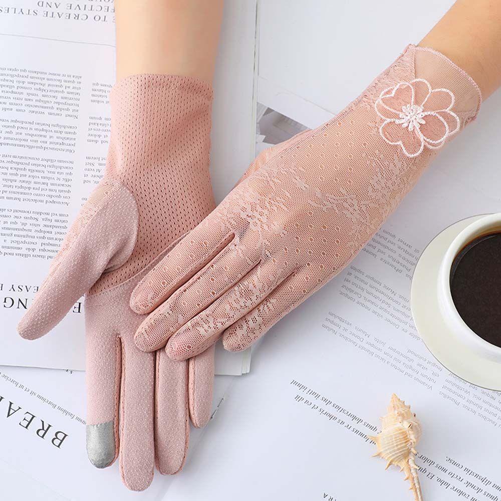 Găng Tay Chống Nắng Bằng Lụa Mát Phối Ren Hoa Co Giãn Thời Trang Mùa Hè Cho Nữ