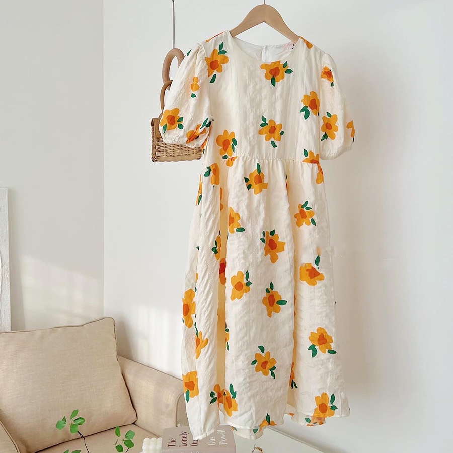 Đầm babydoll hoa cam nhí du lịch biển chụp kỷ yếu body tay ngắn ulzzang , Váy nữ vintage dự tiệc thu đông