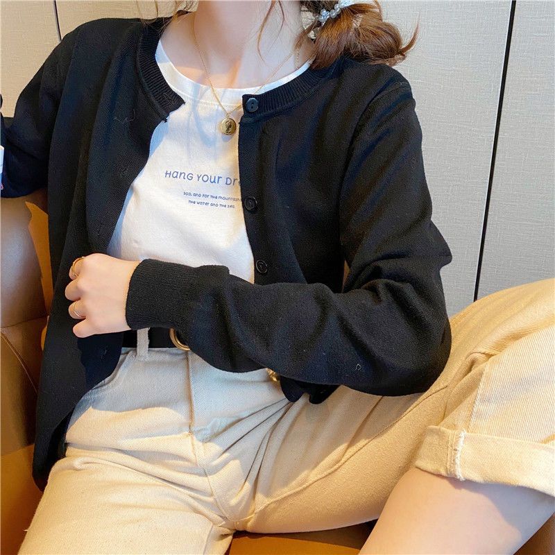 Áo Khoác Cardigan Dệt Kim Mỏng Tay Dài Cổ Tròn Phong Cách Hàn Quốc Thời Trang Mùa Thu 2023 Mới175439