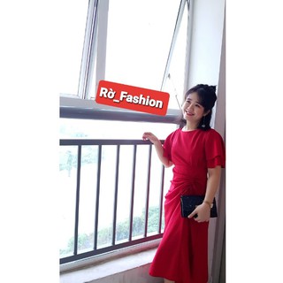 Đầm đi tiệc đỏ rút nơ eo HÌNH THẬT