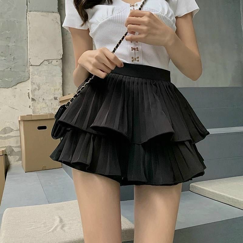 Chân Váy Dếp Ly Phân Tầng Dáng Xòe Vintage Tiểu Thư Kèm Quần Trong Váy