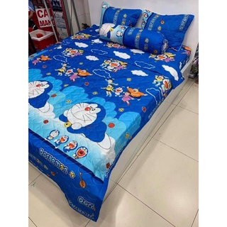 Bộ chăn hè ga gối 1m8x2m vải cotton poly họa tiết doremon xanh