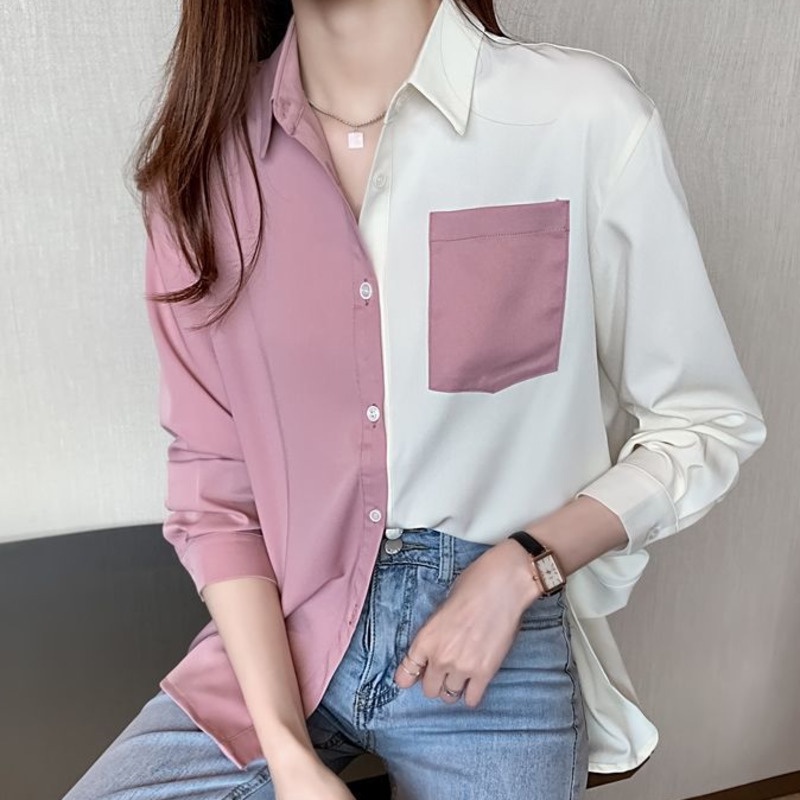 Áo sơ mi RENJIANVSHENG vải voan tay dài màu sắc tương phản độc đáo cho nữ