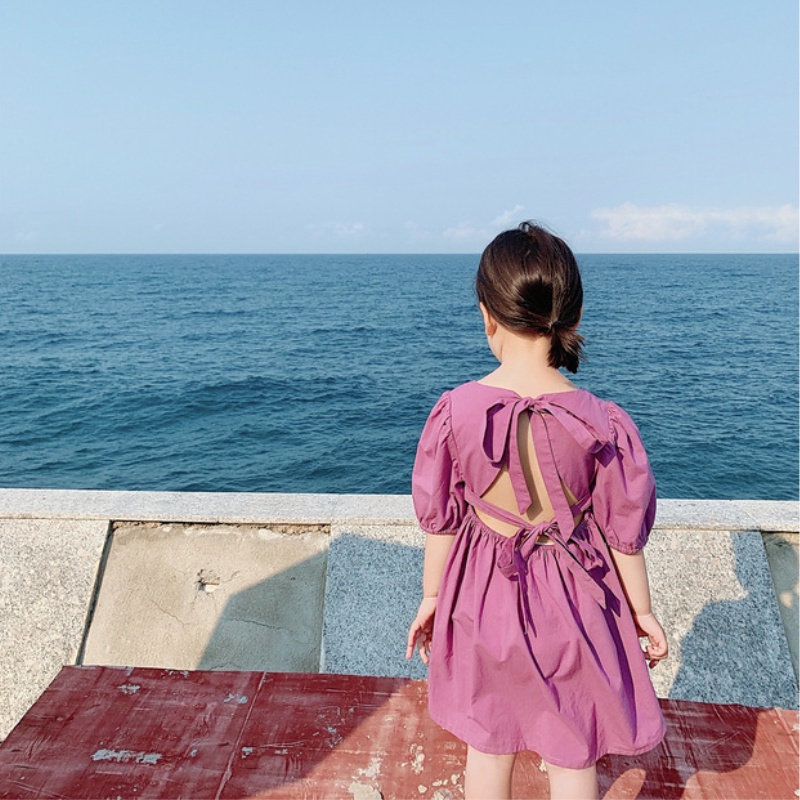 Váy cho bé gái Đầm Công Chúa Tay Phồng Ngắn Hở Lưng Màu Trơn Thời Trang Mùa Hè Cho Bé Gái 1-6 Tuổi