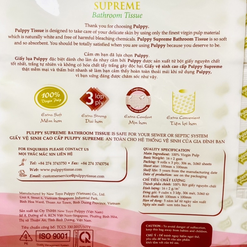 GIẤY VỆ SINH CAO CẤP PULPPY SURPREME BATHROOM TISUE 1 LỐC 9 CUỘN X3 LỚP