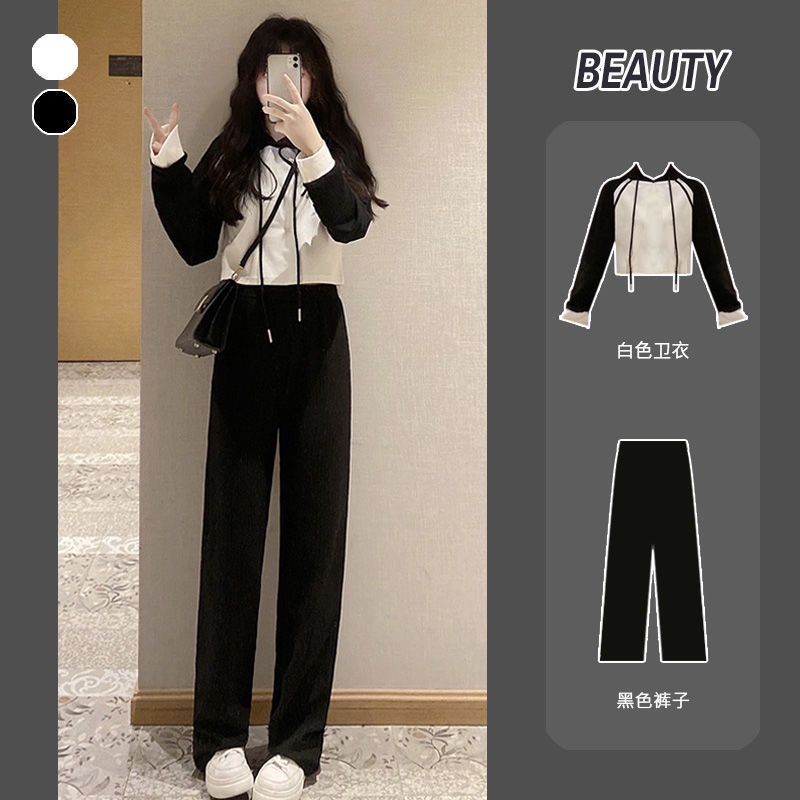 Early autumn suit girl student foreign style small hooded hoodie high waist wide leg pants leisure temperament two sets of tide