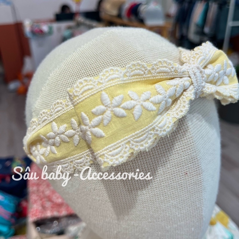 Băng đô turban vải đũi thêu hoa Hàn Quốc cao cấp cho bé