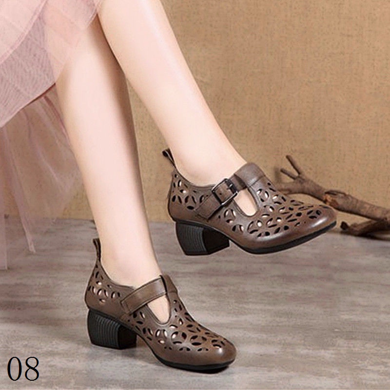 Dép Sandal Đế Dày Bằng Da Thật Mềm Mại Đục Lỗ Thoáng Khí Thoải Mái Dễ Phối Đồ Cho Nữ