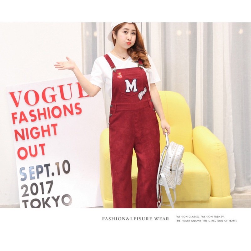 quần yếm lỡ nhung gân màu đỏ ống suông size ngoại cỡ 65-90kg