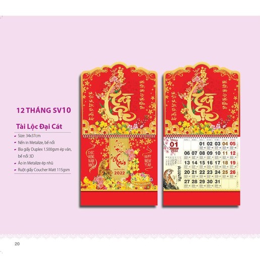 Lịch Treo Tường 2022 - Lịch Âm Dương 12 tờ 30x40cm mỗi tháng là 1 tờ, Lịch Tết 2022 NHÂM DẦN