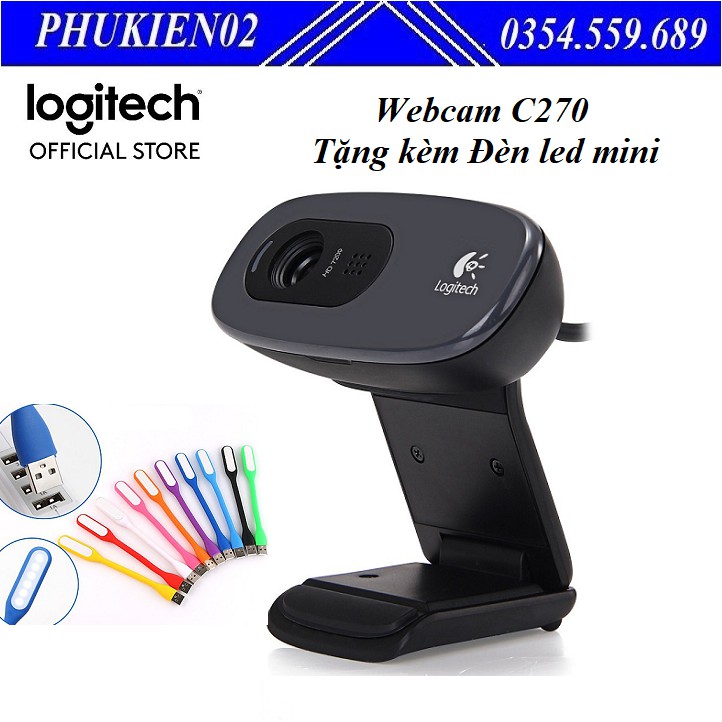 Webcam Logitech C270 - Gọi video HD 720p Tặng kèm Đèn led mini cắm cổng usb siêu sáng uốn cong tùy chỉnh - Chính hãng