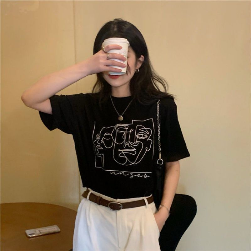 Áo Thun Nữ Tay Ngắn Cổ Tròn In Hình Nghệ Thuật