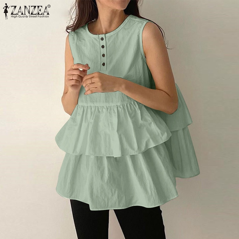 Áo kiểu ZANZEA không tay dáng rộng cổ chữ V màu trơn phong cách nhiều lớp thời trang dành cho nữ