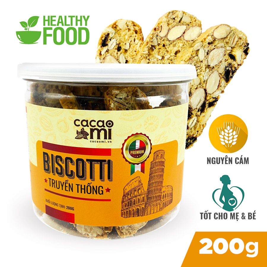 Bánh Biscotti nguyên cám vị truyền thống CACAOMI siêu hạt dinh dưỡng, hỗ trợ ăn vặt giảm cân, ăn kiêng healthy hộp 200g