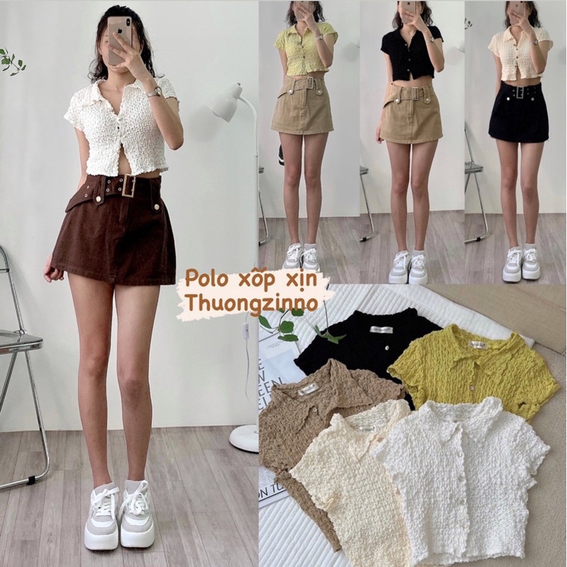 [Ảnh thật/Video]Áo Polo NHĂN kiểu Hàn cúc trước siêu tôn dáng Áo croptop cổ đức phong cách thể thao