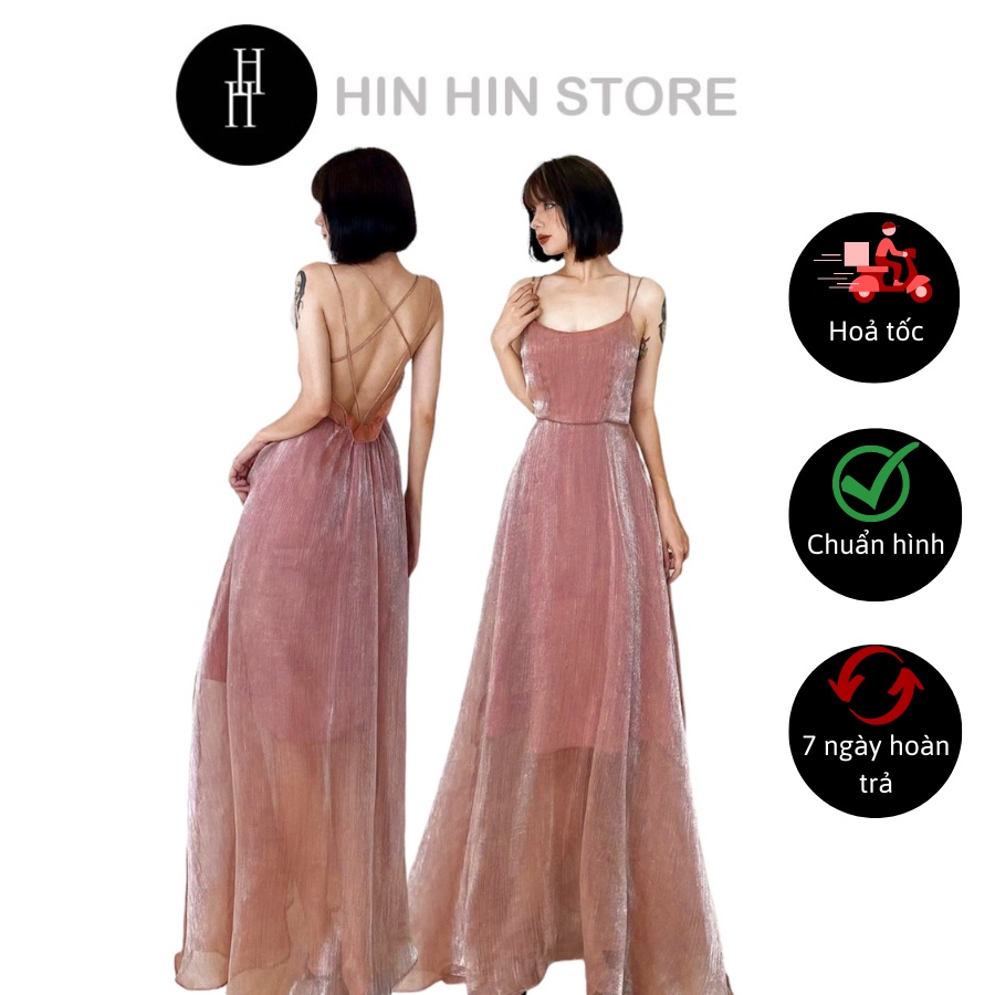 Đầm Maxi hở lưng đan dây voan kim tuyến hồng san hô HDC107 Hỉn Hỉn Store