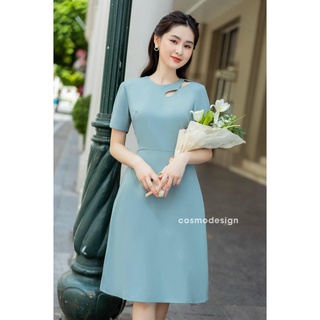 Váy dáng ôm khoét vai COSMO Design màu xanh ngọc thanh lịch 10905