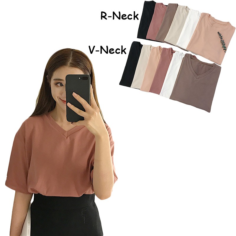 Áo thun nữ tay ngắn cổ chữ V màu trơn phong cách Hàn Quốc