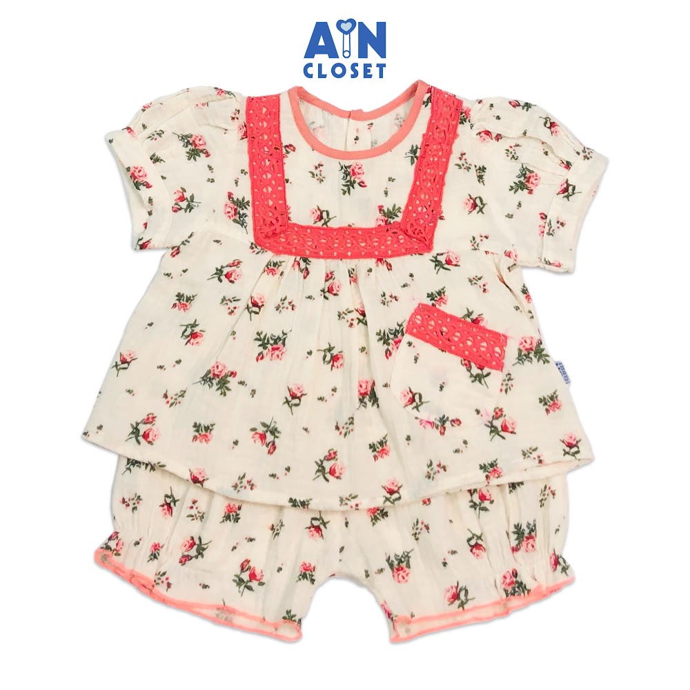Bộ quần áo ngắn bé gái họa tiết Hoa Lệ chi hồng xô muslin - AICDBG7YIHTH - AIN Closet