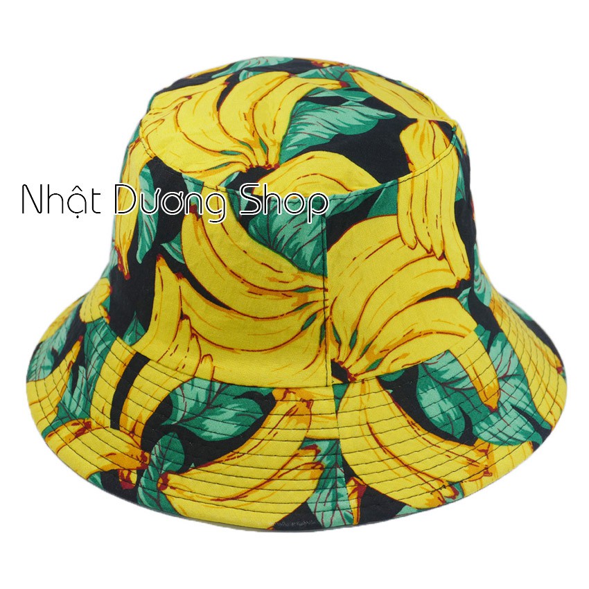 Nón tai bèo, mũ bucket đi chơi, đi biển hoạ tiết trái cây, chất liệu Cotton tạo nên sự mát mẻ và thoáng mát