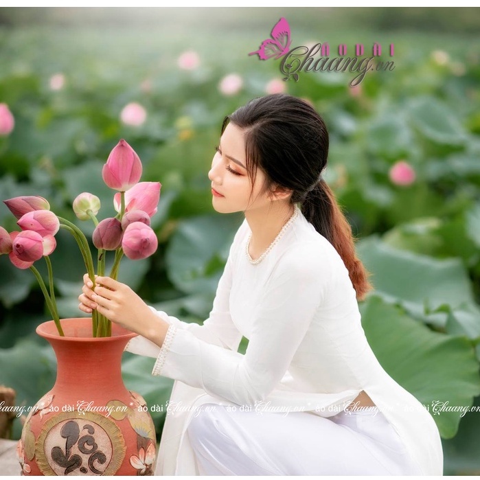 Áo dài lụa Tây Thi cổ tròn Chaang May sẵn áo dài thiết kê truyền thống đính hạt ngọc cổ tay