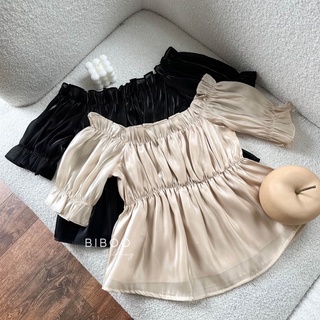 Biboo - áo kiểu voan bèo trễ vai chất liệu tơ bóng sang trọng organza off shoulder top