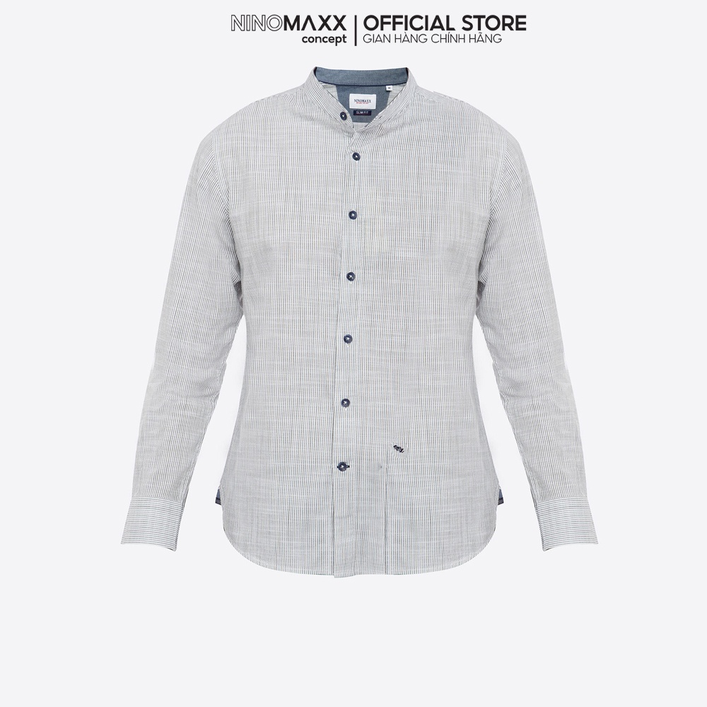 Ninomaxx Áo Sơ Mi Nam dài tay cổ trụ sọc xanh trắng dáng slim fit 100% cotton 1908070